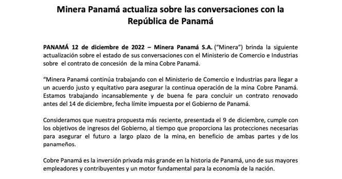 Comunicado - Minera Panamá actualiza sobre las conversaciones con la República de Panamá